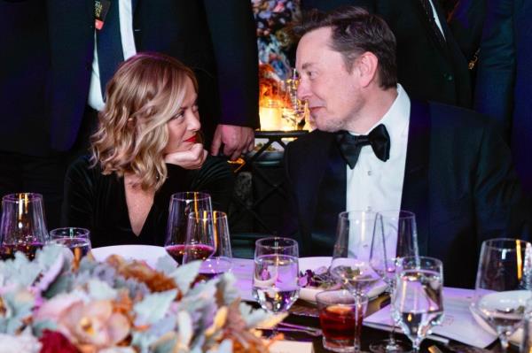 Giorgia Meloni and Elon Musk pictured together in New York on Monday night.