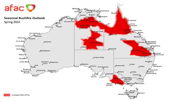 Map of Australia showing increased fire risk in red