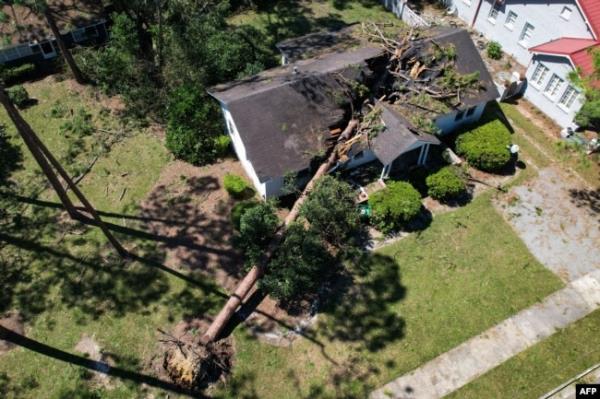 An aerial picture taken on Sept. 28, 2024, shows storm damage in the aftermath of Hurricane Helene in Valdosta, Georgia.
