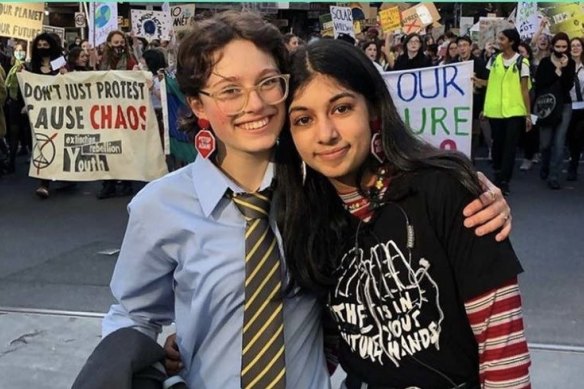 School Strike 4 Climate organisers Ella Simons, then 15, and Anjali Sharma, then 17, at the 2021 rally.
