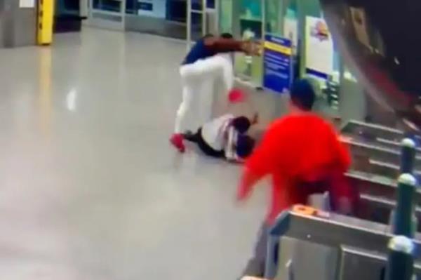 Shocking surveillance footage shows a woman being viciously assaulted by a homeless man in a Queens subway station after ignoring him on a train, police said Monday.