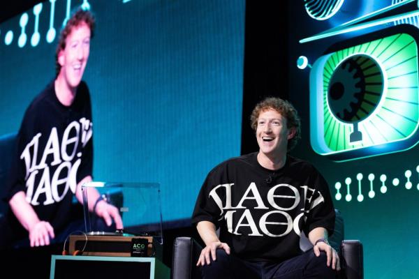 meta's CEO Mark Zuckerberg sitting on a chair during a live podcast recording at the Chase Center in San Francisco, California, September 10, 2024.