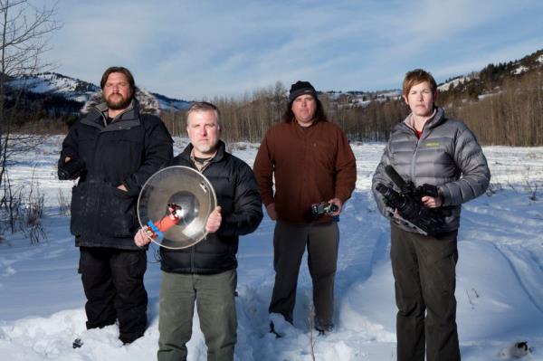 Moneymaker (far left) is shown with other "Finding Bigfoot" cast members James "Bobo" Fay, Cliff Barackman and Ranae Holland in a promotional photo for the Animal Planet show.