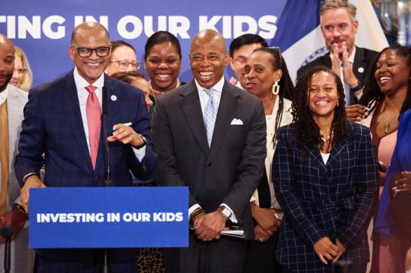 New York City Schools Chancellor David Banks, New York City Mayor Eric Adams, and First Deputy Mayor Sheena Wright.