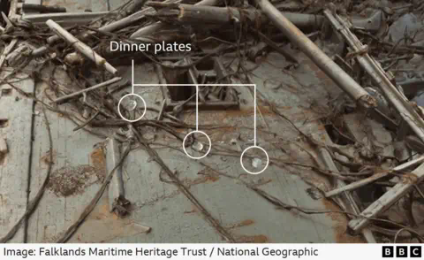 Falklands Maritime Heritage Trust / Natio<em></em>nal Geographic Small white plates lie among the wreckage. They are circled to show up better.