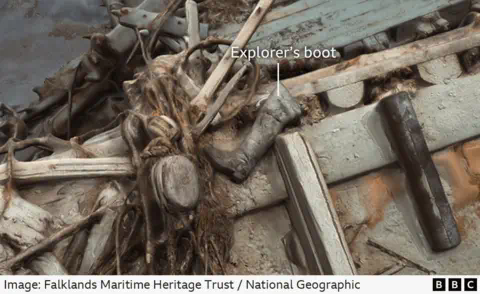 Falklands Maritime Heritage Trust / Natio<em></em>nal Geographic A boot lying among the wreckage. It is labelled 'Explorer's boot'