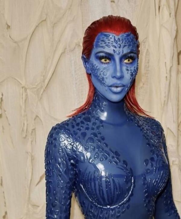 Kim Kardashian in costume as X-Men character Mystique. Kim Kardashian in costume as X-Men character Mystique.