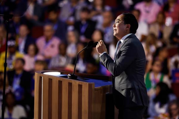 U.S. Representative Andy Kim speaking on stage at the Democratic National Convention in Chicago, Illinois, 2024
