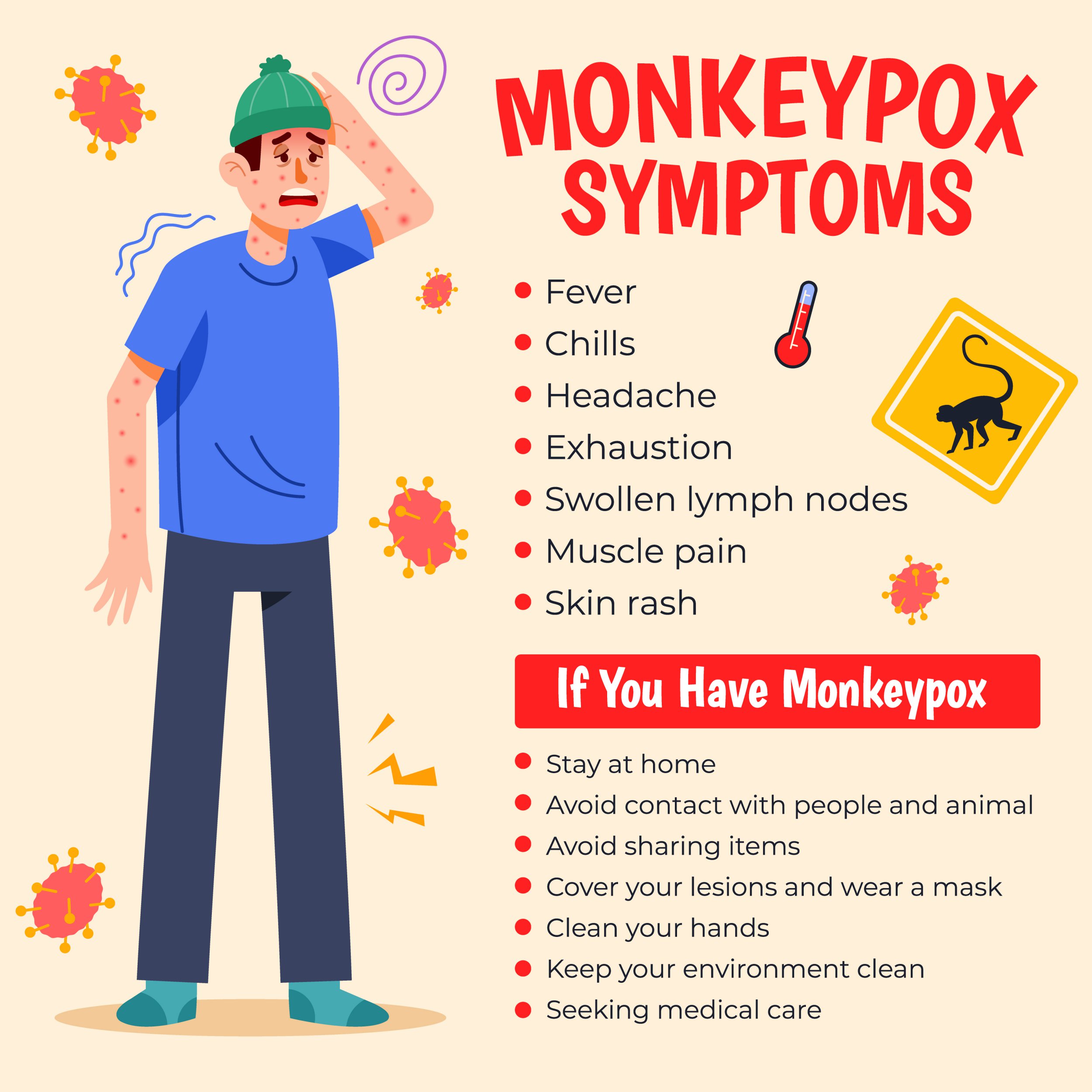 Vector flat character of man having monkeypox symptoms.
