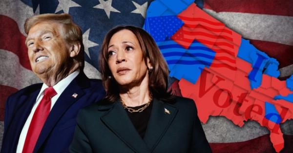 Kamala Harris and Donald Trump, next to a map of the electoral college