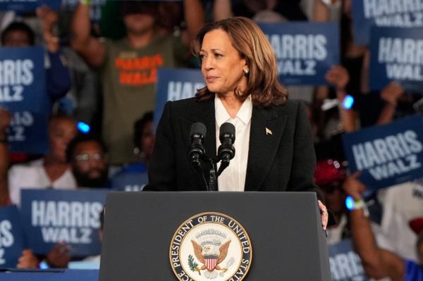 Vice President Kamala Harris delivering a speech at a campaign event at East Carolina University in 2024