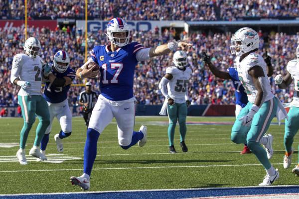 Josh Allen (17) and the Bills made the Dolphins look silly on Sunday — and if you ask them, they didn't hit their top gear on offense. (AP Photo/Matt Durisko)
