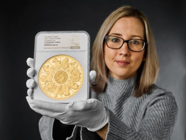 A one kilo gold Queen's Beasts coin, which could fetch as much as £90,000, the coin is one of the highlights of a Royal Mint auction
