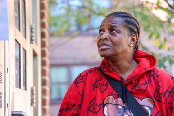 Beverly Williams wearing a red sweatshirt