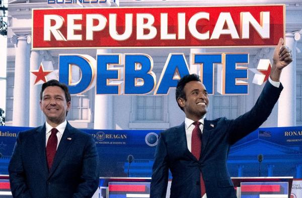 Ramaswamy and DeSantis stood next to each other on the debate stage in California.