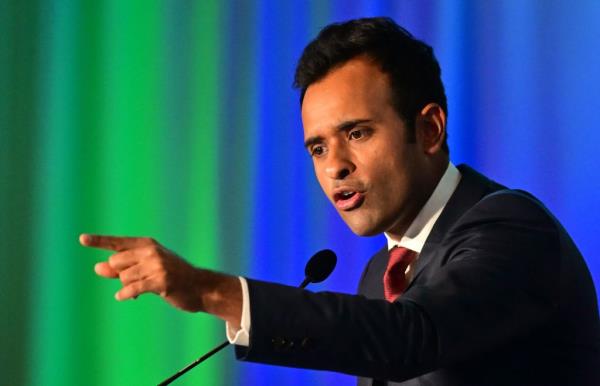 Ramaswamy speaks during the California Republican Party (CAGOP) Fall 2023 Convention in Anaheim, California