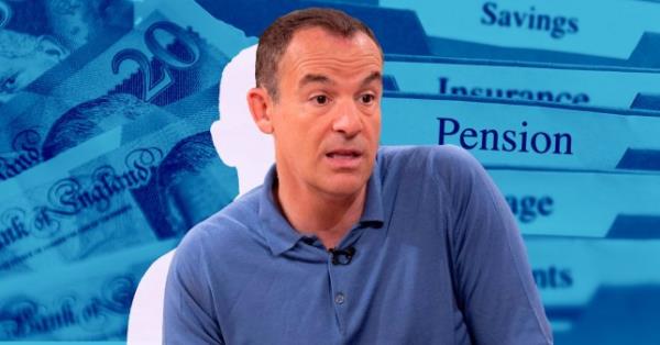 Martin Lewis against a composite blue background with British currency and files labelled Pension and Mortgage