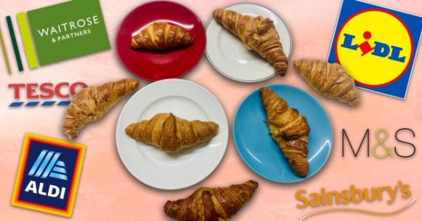 Croissants from supermarkets and supermarket logos on a peach background
